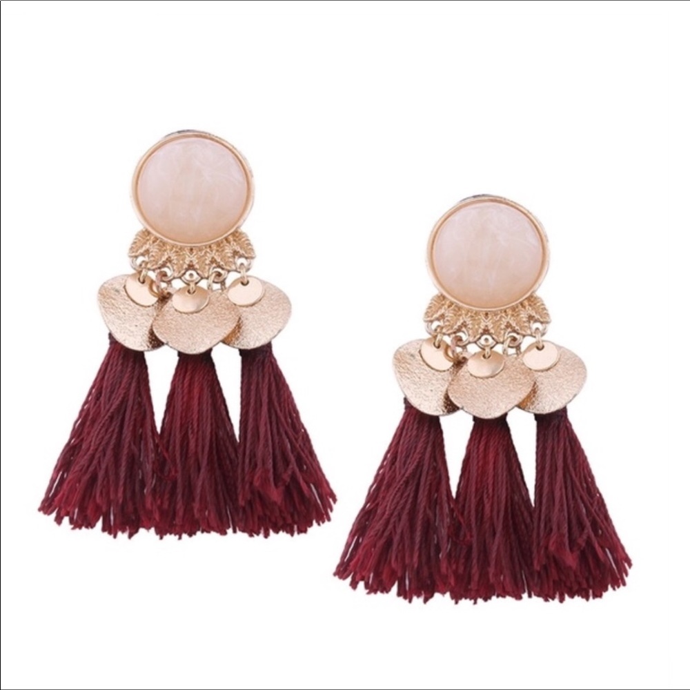 Burgundy and Gold Tassel Coin Drop Fringe Earrings